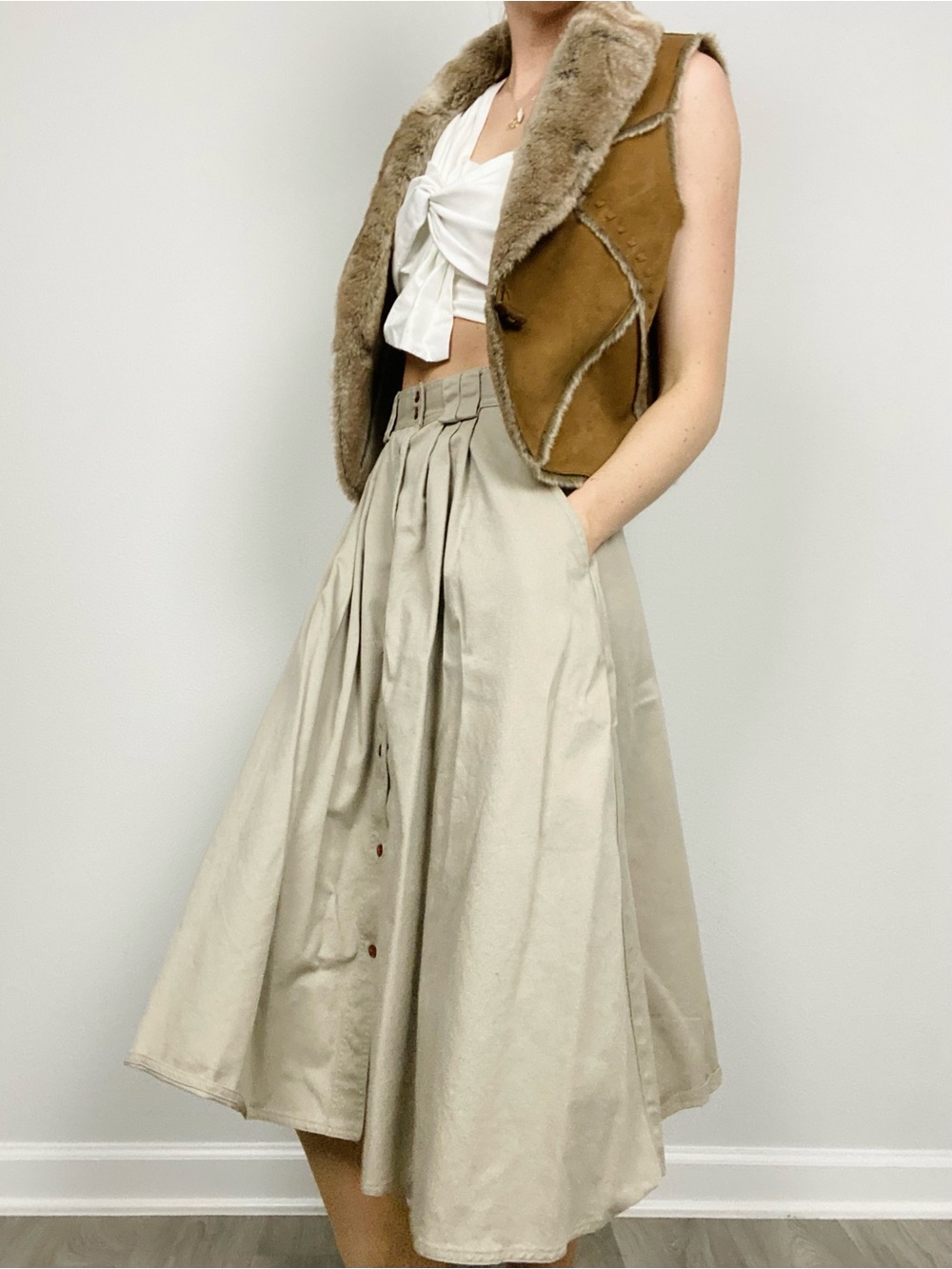 VINTAGE Reflections Khaki Tan Pleated Safari High Waist Button Front Midi Skirt